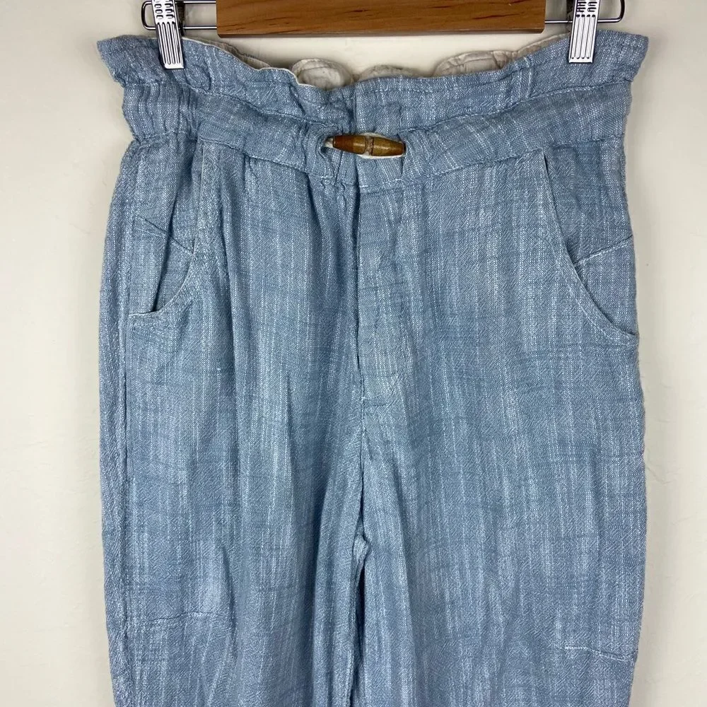 Free People Paradise Linen-Blend Chambray Ankle Pant - Light Blue